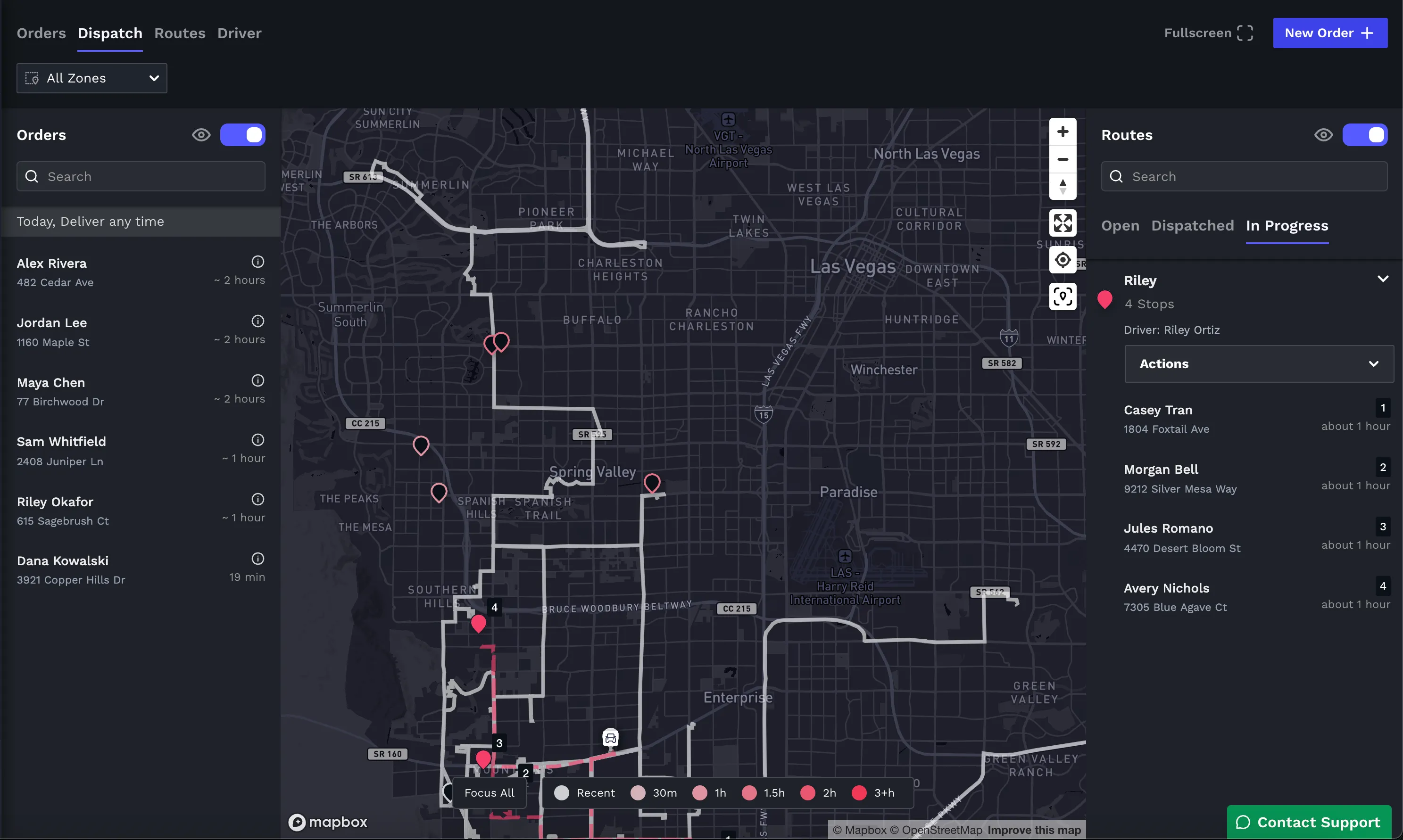 The Carrot staff app's delivery Dispatch screen: open orders on the left, a live route map of Las Vegas in the center, and an in-progress four-stop driver route on the right