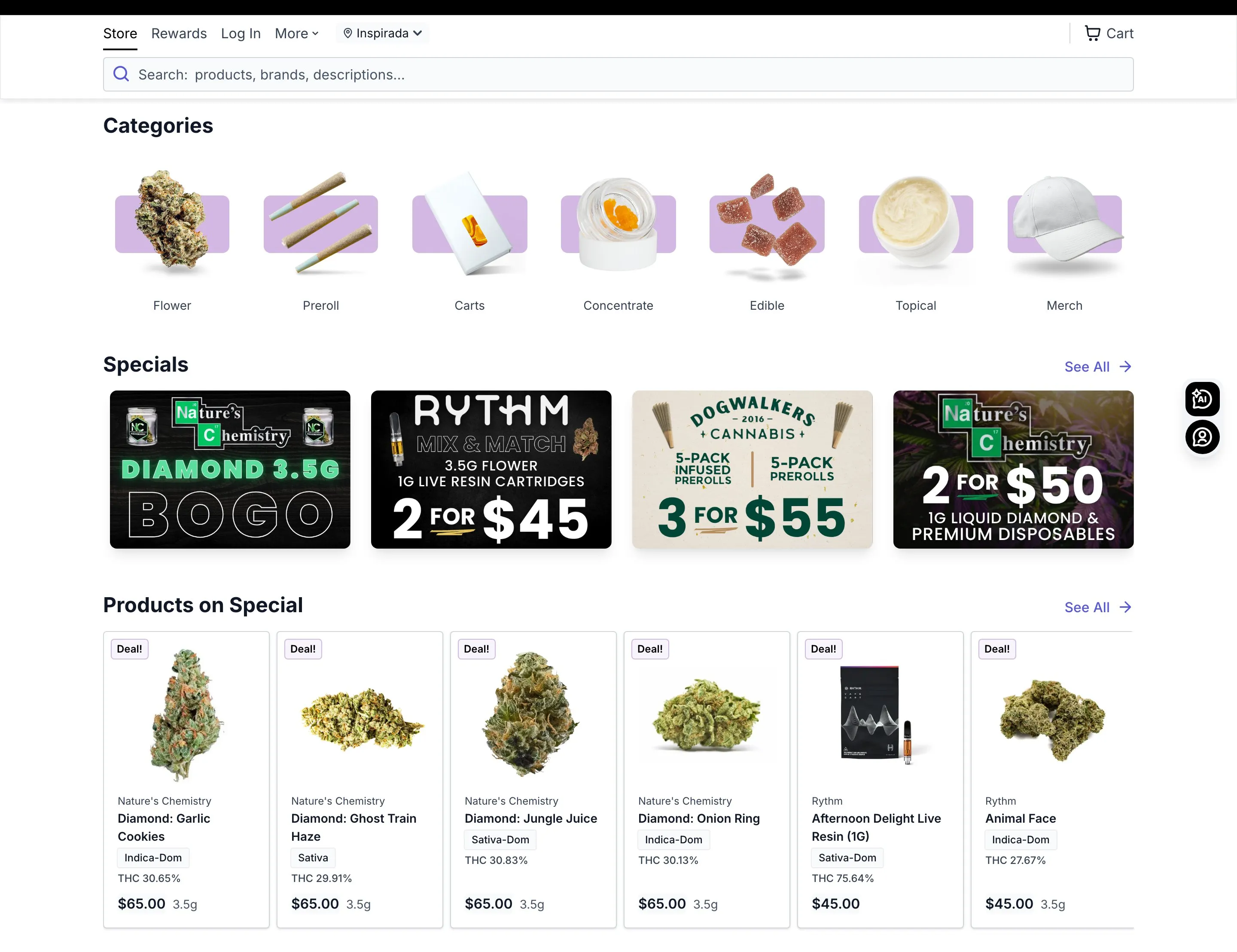 A live dispensary menu built on Carrot: specials and bestselling product grids with strain types, THC potency, deal badges, and prices
