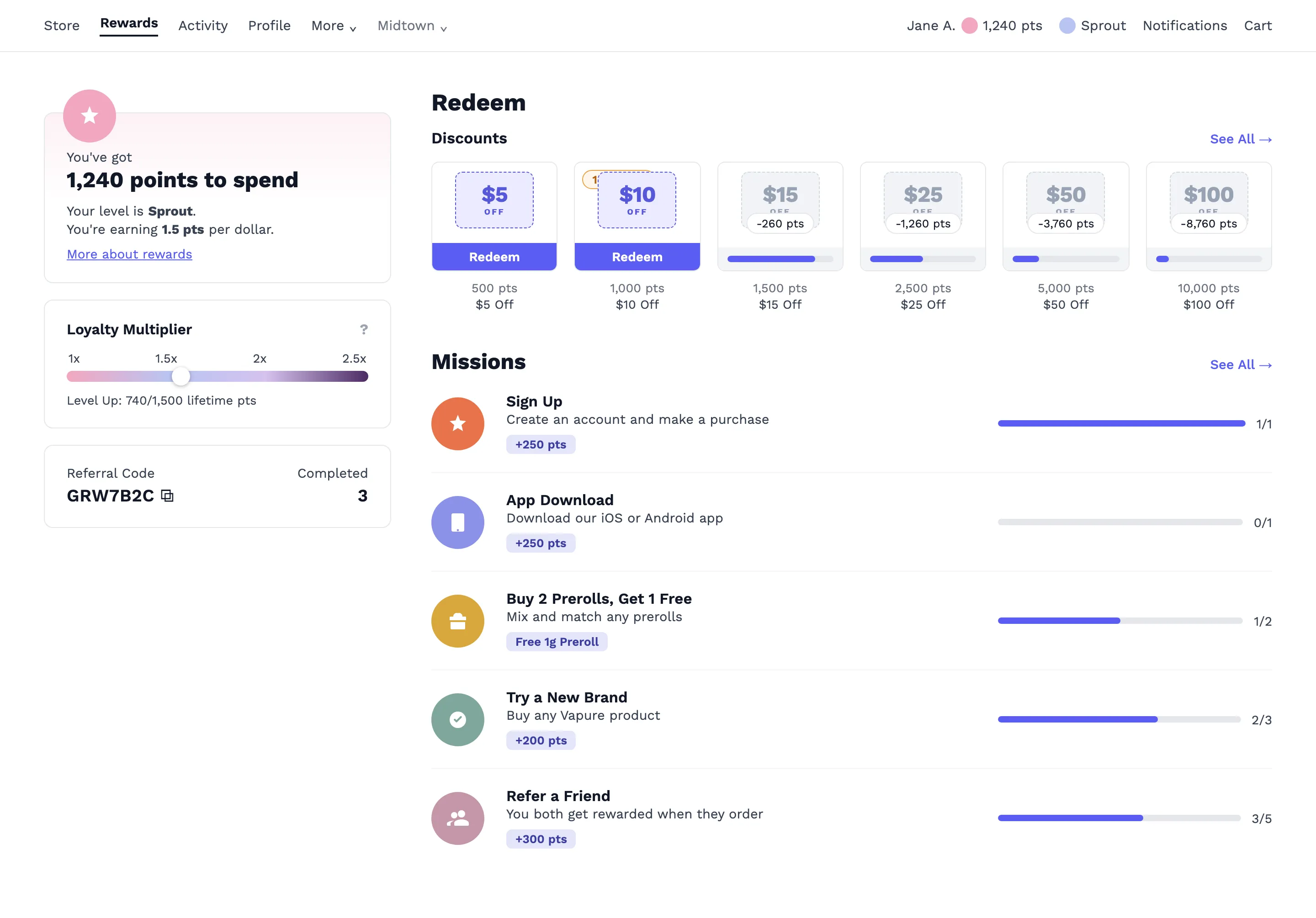 A customer's rewards dashboard on a Carrot storefront: points balance, loyalty multiplier, referral code, point-priced product redemptions, and missions with progress