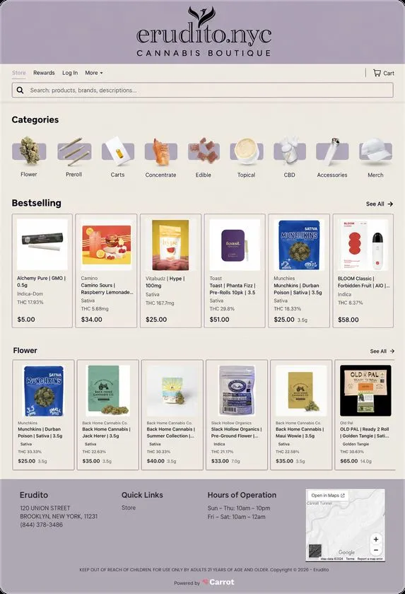 Erudito's starter-shell website with the live Carrot menu