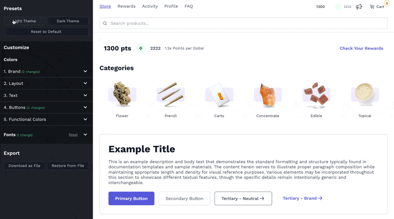Carrot theme editor changing a storefront from light to dark